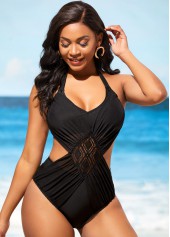 ROTITA Lace Stitching Tie Back Black One Piece Swimwear
