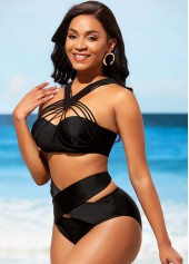 Black swimwear,Plain Color swimwear,ROTITA Black Cross Front High Waist Knitted Bikini Set