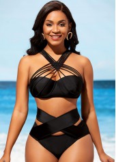 Black swimwear,Plain Color swimwear,ROTITA Black Cross Front High Waist Knitted Bikini Set