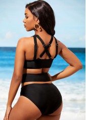 Black swimwear,Plain Color swimwear,ROTITA Black Cross Front High Waist Knitted Bikini Set