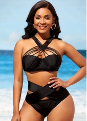 ROTITA Black Cross Front High Waist Knitted Bikini Set