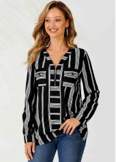 Multi Color tops,Striped tops,ROTITA Striped V Neck Color Block Zipper Detail Blouse