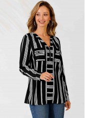 Multi Color tops,Striped tops,ROTITA Striped V Neck Color Block Zipper Detail Blouse