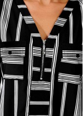 Multi Color tops,Striped tops,ROTITA Striped V Neck Color Block Zipper Detail Blouse