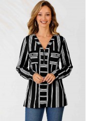 Multi Color tops,Striped tops,ROTITA Striped V Neck Color Block Zipper Detail Blouse