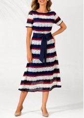 ROTITA Striped Lace Panel Color Block Belted Dress