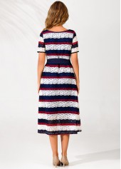 Multi Color dresses,Striped dresses,ROTITA Striped Lace Panel Color Block Belted Dress