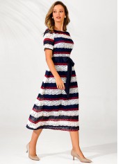 Multi Color dresses,Striped dresses,ROTITA Striped Lace Panel Color Block Belted Dress