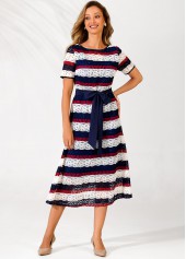Multi Color dresses,Striped dresses,ROTITA Striped Lace Panel Color Block Belted Dress