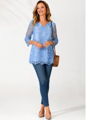 Light Blue tops,Plain Color tops,ROTITA Lace Stitching Light Blue Split Neck Blouse
