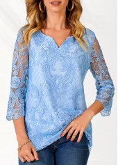 ROTITA Lace Stitching Light Blue Split Neck Blouse