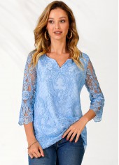 Light Blue tops,Plain Color tops,ROTITA Lace Stitching Light Blue Split Neck Blouse