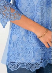 Light Blue tops,Plain Color tops,ROTITA Lace Stitching Light Blue Split Neck Blouse