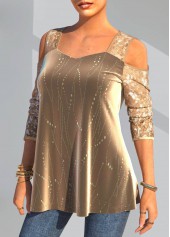 Gold tops,Plain Color tops,ROTITA Christmas Design Sequin Gold Cold Shoulder T Shirt