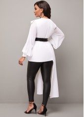 White tops,Plain Color tops,ROTITA Asymmetric Hem White Chiffon Panel Peter Pan Collar Blouse