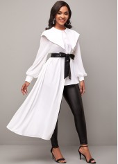 White tops,Plain Color tops,ROTITA Asymmetric Hem White Chiffon Panel Peter Pan Collar Blouse