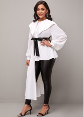 White tops,Plain Color tops,ROTITA Asymmetric Hem White Chiffon Panel Peter Pan Collar Blouse