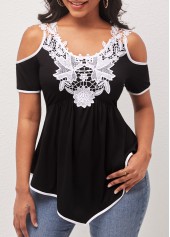 ROTITA Black Cold Shoulder Lace Patchwork T Shirt
