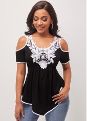 Black tops,Contrast Color tops,ROTITA Black Cold Shoulder Lace Patchwork T Shirt