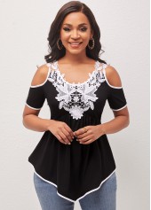 Black tops,Contrast Color tops,ROTITA Black Cold Shoulder Lace Patchwork T Shirt