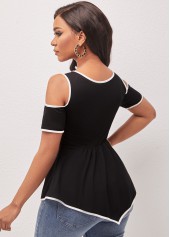 Black tops,Contrast Color tops,ROTITA Black Cold Shoulder Lace Patchwork T Shirt