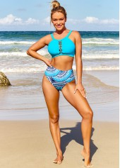 Cyan swimwear,Tribal swimwear,ROTITA Metal Ring Tribal Print High Waisted Bikini Set