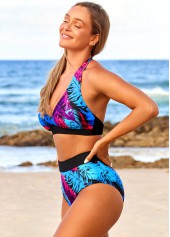 Multi Color swimwear,Tribal swimwear,ROTITA Feathers Halter High Waisted Multi Color Bikini Set