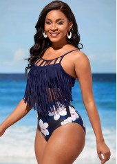 Floral swimwear,ROTITA Tassel Navy Blue High Waisted Bikini Set