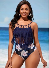 Floral swimwear,ROTITA Tassel Navy Blue High Waisted Bikini Set