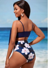 Floral swimwear,ROTITA Tassel Navy Blue High Waisted Bikini Set