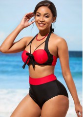 Contrast Color swimwear,ROTITA High Waisted Color Block Bowknot Bikini Set
