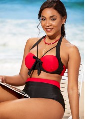 Contrast Color swimwear,ROTITA High Waisted Color Block Bowknot Bikini Set
