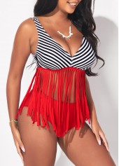 Red swimwear,Striped swimwear,ROTITA Striped Tassel Red Mid Waist Bikini Set