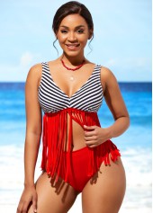 ROTITA Striped Tassel Red Mid Waist Bikini Set