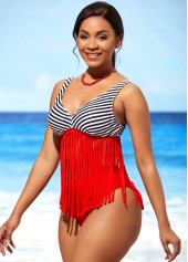 Red swimwear,Striped swimwear,ROTITA Striped Tassel Red Mid Waist Bikini Set