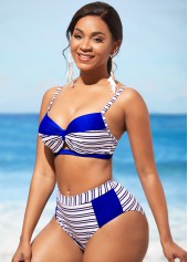 Royal Blue swimwear,Striped swimwear,ROTITA Stripe Print Contrast Royal Blue Bikini Set