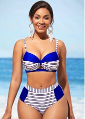 Royal Blue swimwear,Striped swimwear,ROTITA Stripe Print Contrast Royal Blue Bikini Set