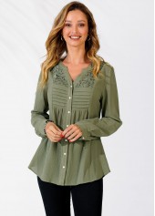 Sage Green tops,Plain Color tops,ROTITA Sage Green Lace Panel Split Neck Blouse