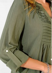 Sage Green tops,Plain Color tops,ROTITA Sage Green Lace Panel Split Neck Blouse