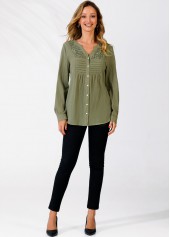 Sage Green tops,Plain Color tops,ROTITA Sage Green Lace Panel Split Neck Blouse
