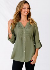 Sage Green tops,Plain Color tops,ROTITA Sage Green Lace Panel Split Neck Blouse