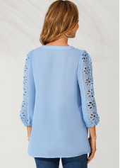 Light Blue tops,Plain Color tops,ROTITA V Neck Lace Stitching Sky Blue Blouse