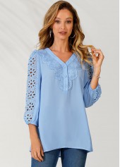 Light Blue tops,Plain Color tops,ROTITA V Neck Lace Stitching Sky Blue Blouse