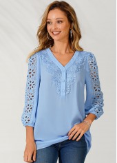 Light Blue tops,Plain Color tops,ROTITA V Neck Lace Stitching Sky Blue Blouse
