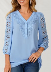 ROTITA V Neck Lace Stitching Sky Blue Blouse
