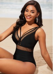 Black swimwear,Plain Color swimwear,ROTITA Sheer Fishnet Panel Black One Piece Swimwear