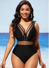 ROTITA Sheer Fishnet Panel Black One Piece Swimwear
