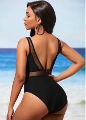 Black swimwear,Plain Color swimwear,ROTITA Sheer Fishnet Panel Black One Piece Swimwear
