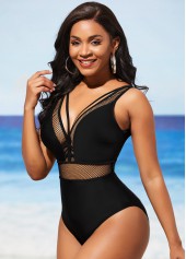 Black swimwear,Plain Color swimwear,ROTITA Sheer Fishnet Panel Black One Piece Swimwear