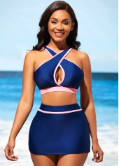 ROTITA Contrast Stitch Navy Blue High Waist Bikini Set